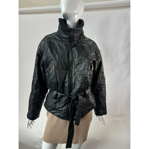 Genuine Leather Northern Style Womens Jacket With Belted Waist Zip Size L Black - Picture 2 of 16